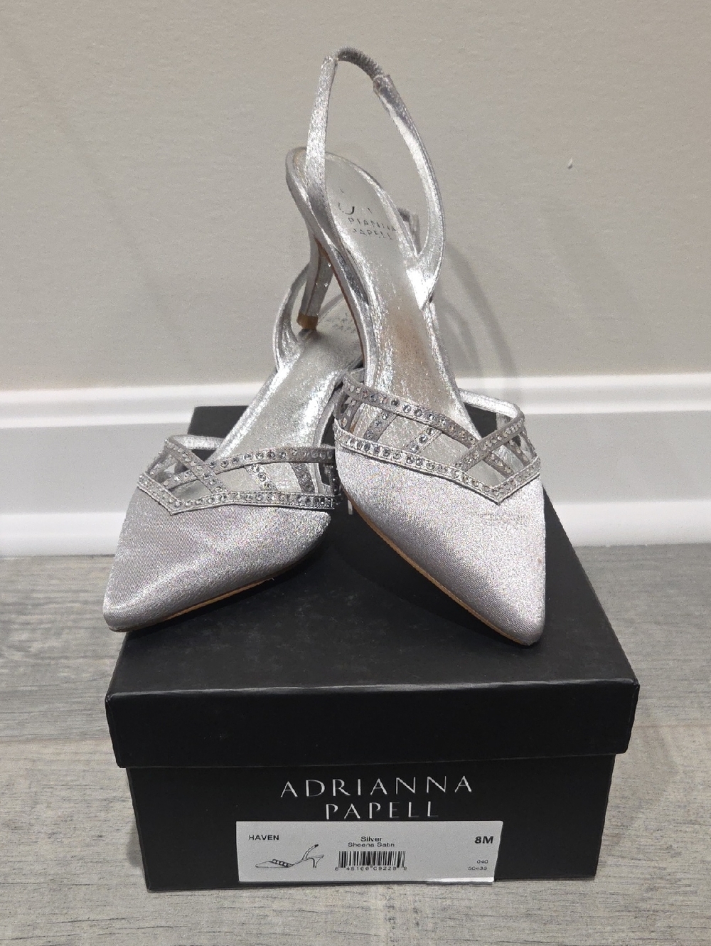 Adrianna Papell Metallic Silver Pointed Slingback Heels with Crystal Accents